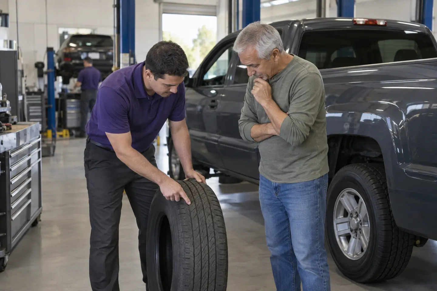 A technician shows a customer the tread of a worn tire beside his pickup