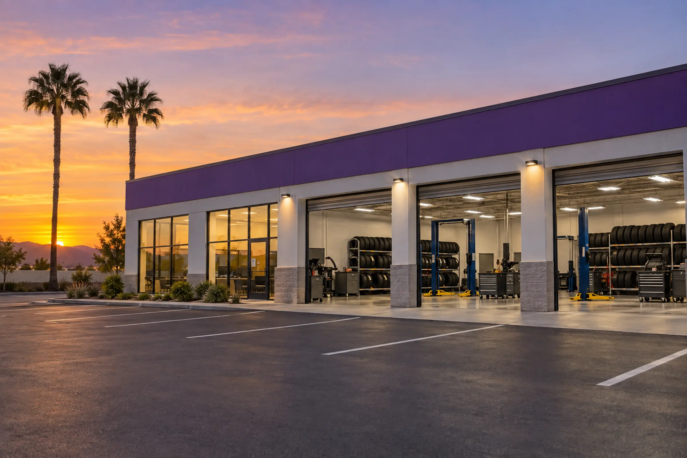 A tire and service center at dusk, with a purple fascia and open service bays