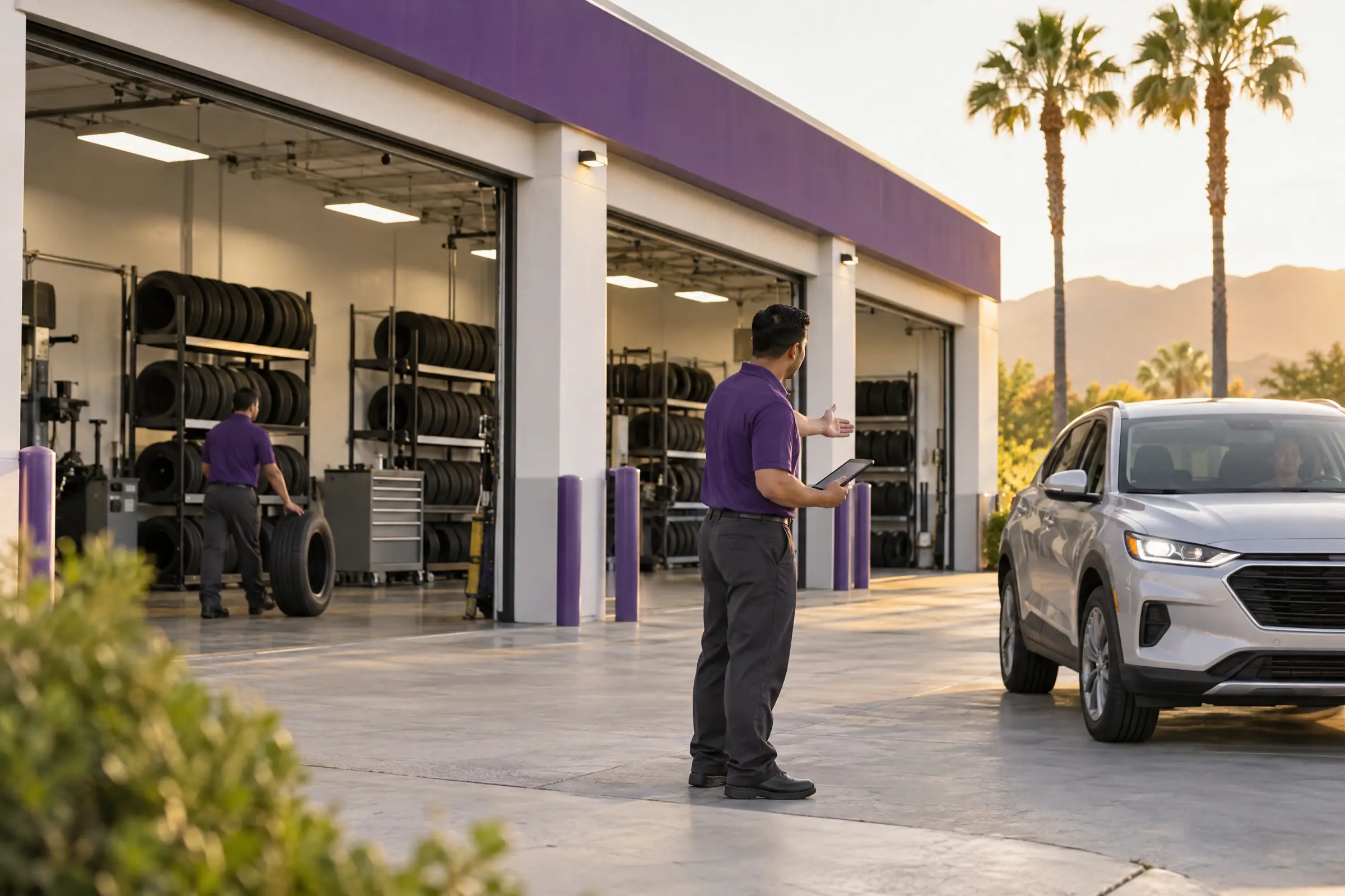 A store associate waves a silver crossover toward an open service bay in warm evening light