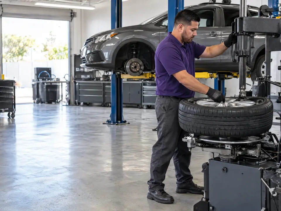 A technician at a tire changing machine, a crossover on a lift behind him
