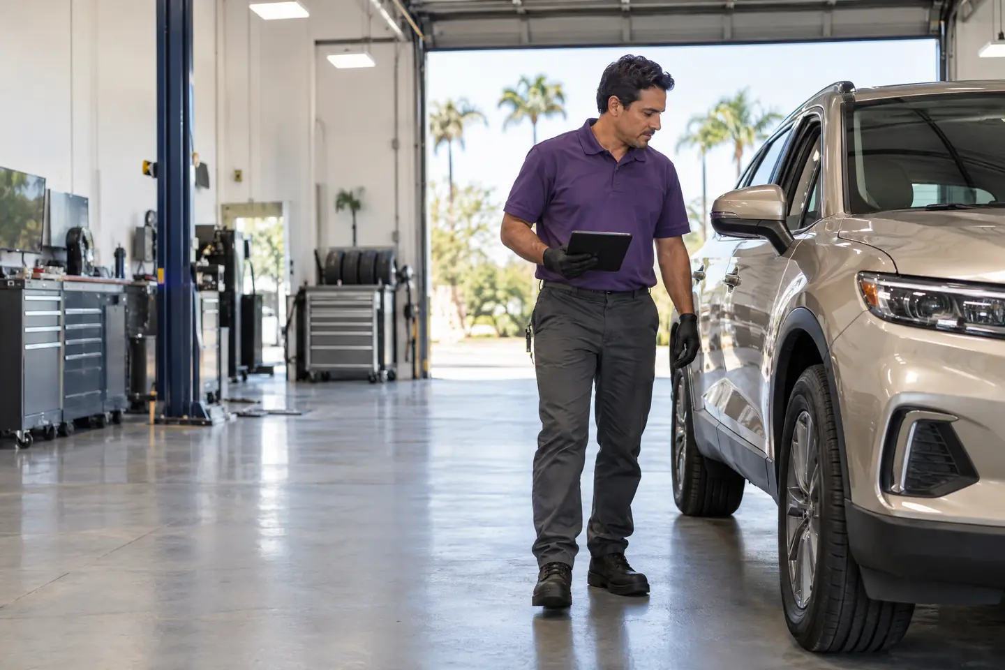 A technician with a tablet walking around an SUV in a bright service bay