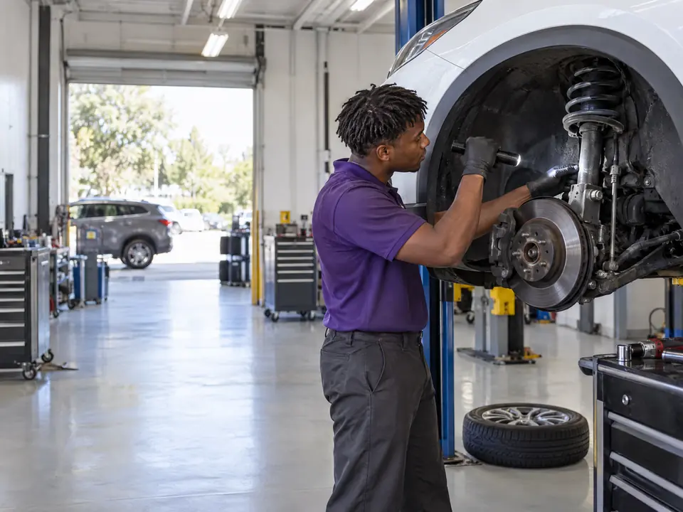 A technician inspecting a front strut on a crossover raised on a lift