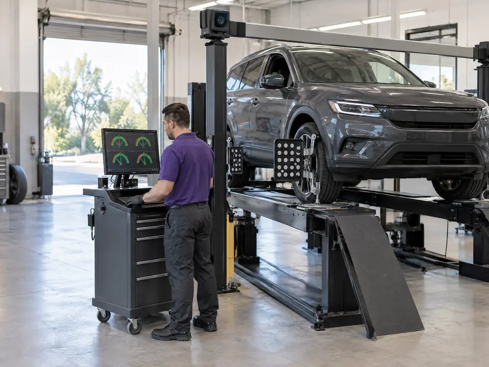 A technician at an alignment console beside an SUV on the alignment rack