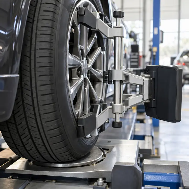 A wheel clamp gripping a front tire on an alignment turn plate